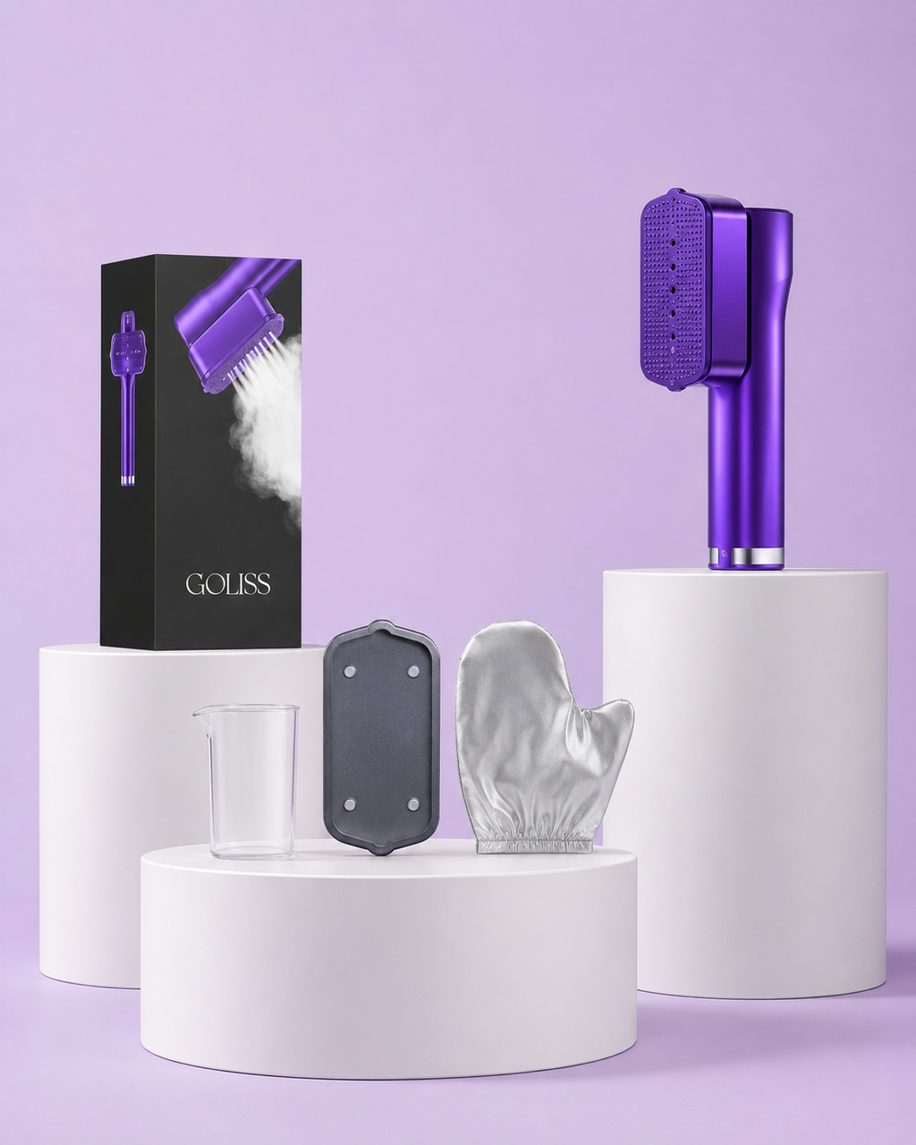 Pack GoLiss 2-en-1 violet avec accessoires inclus défroisseur vapeur portable complet dès l'ouverture