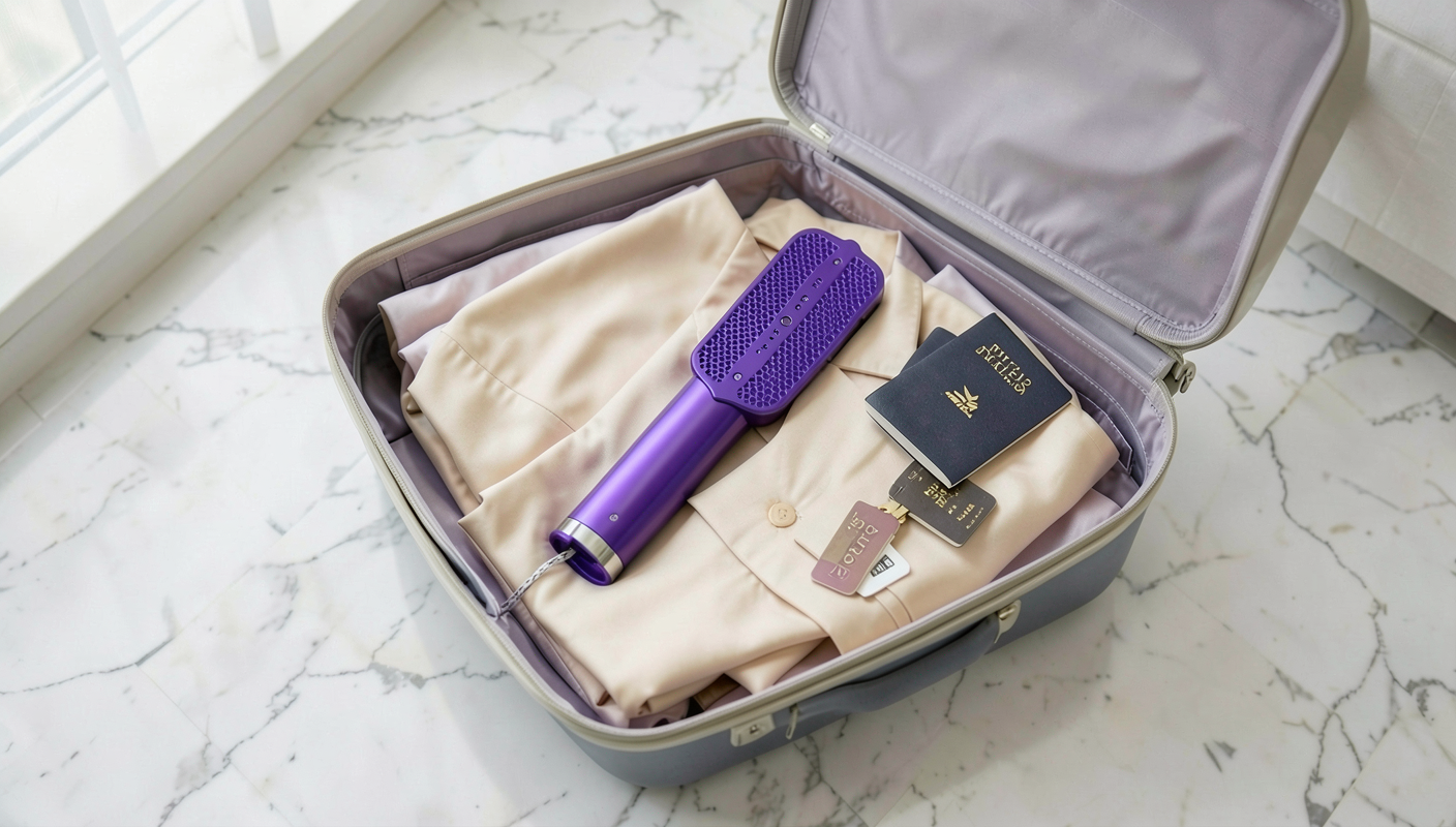 GoLiss défroisseur vapeur rangé dans une valise de voyage — ultra-compact rentre en bagage cabine